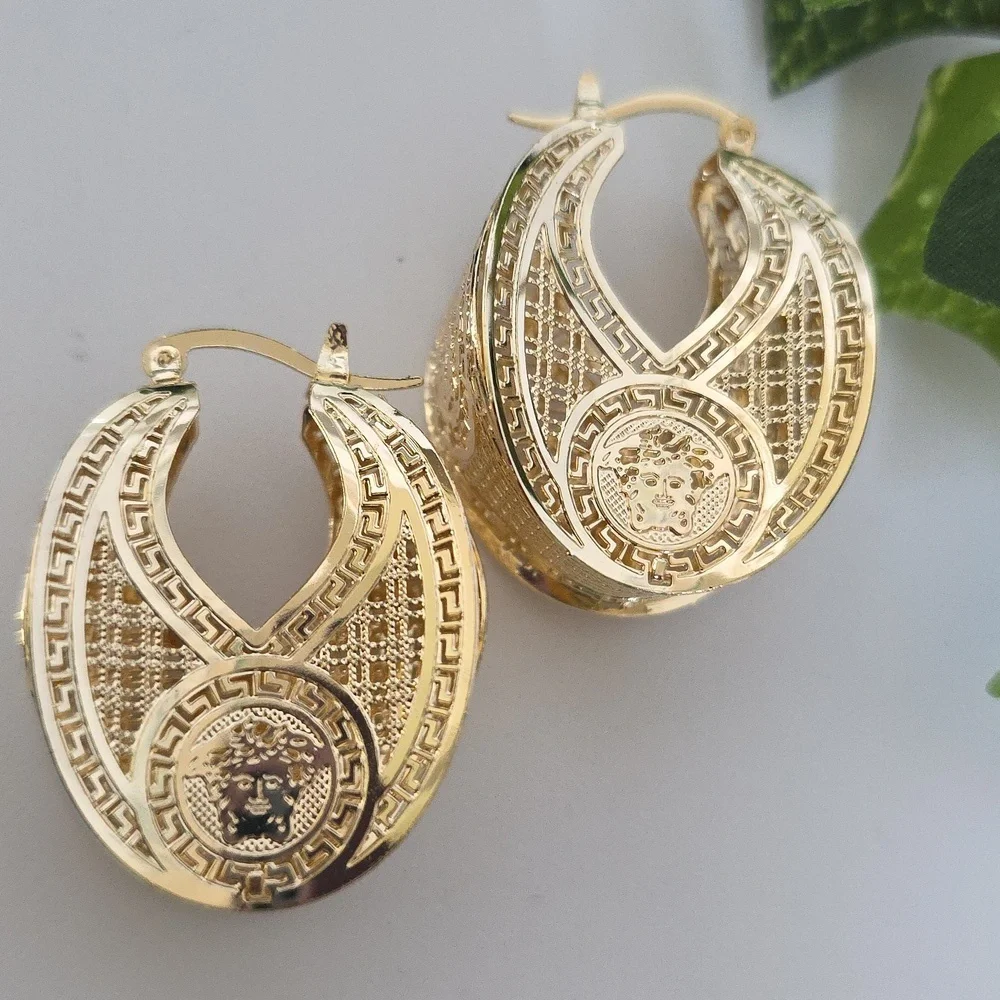 Gold Medallion Hoop Earrings with Ornate Greek Key Detail